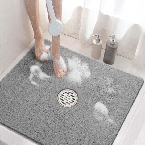 Tapis de douche carré, 60 x 60 cm, antidérapant, en PVC souple, avec trous d'évacuation, séchage rapide, sans ventouses, gris.