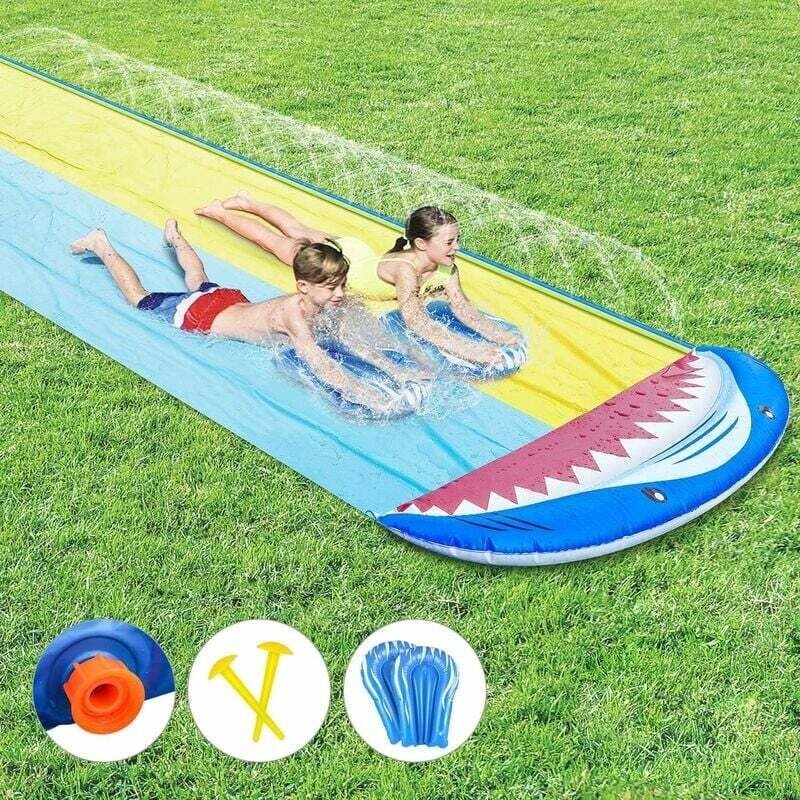 Sunxury - Tapis de Glisse à Eau Toboggan Gonflable Piscine à Double avec 2 Planches de Bodyboard pour Enfants Adultes Jeu Eau Jardin Plein Air