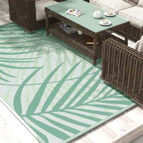 Tapis de jardin extérieur réversible 365L x 274l cm imperméable motif feuillage avec sac de transport. vert crème