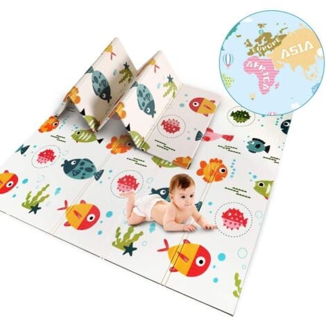 Tapis de Jeu bébé Poissons+Carte 200x180x1cm,Tapis d'eveil Enfant Pliable Double Face Impermeable à l'eau Materiau XPE Non Toxique