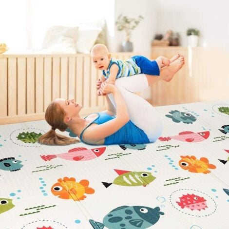 Tapis de Jeu Bébé Réversible 200x180cm, Tapis d'éveil Enfant Pliable Imperméable Double Face, Matériau XPE, Poissons+Carte