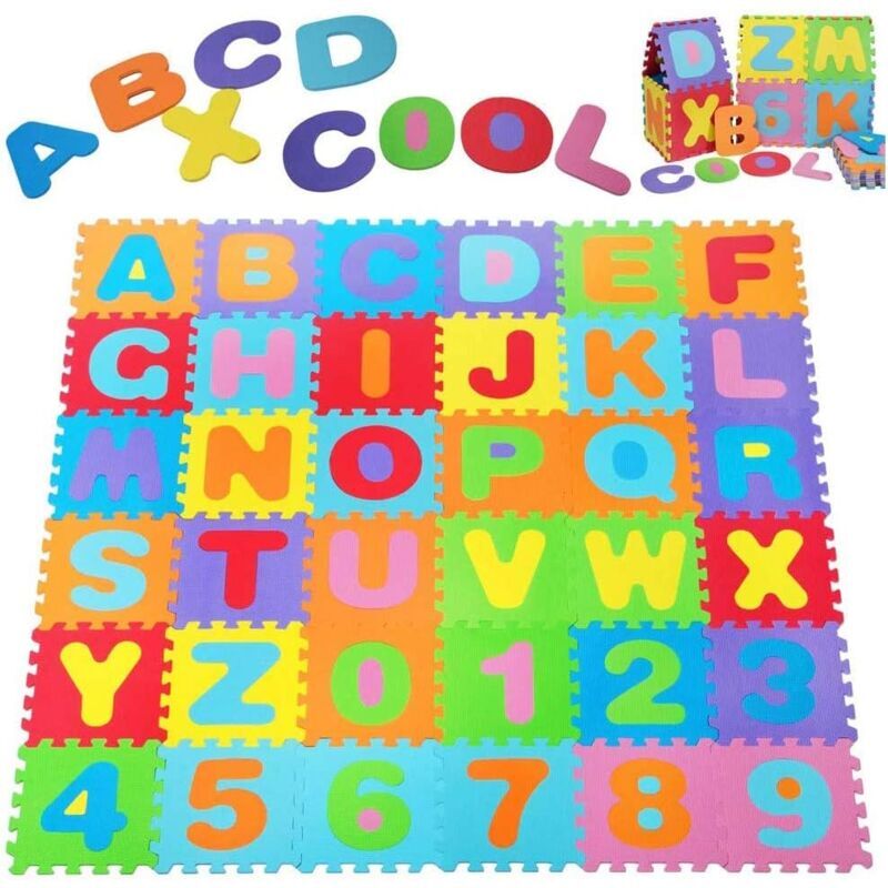 Debuns - Tapis de jeu en mousse pour enfants (ensemble de 36) Carreaux de sol emboîtables avec lettres et chiffres..