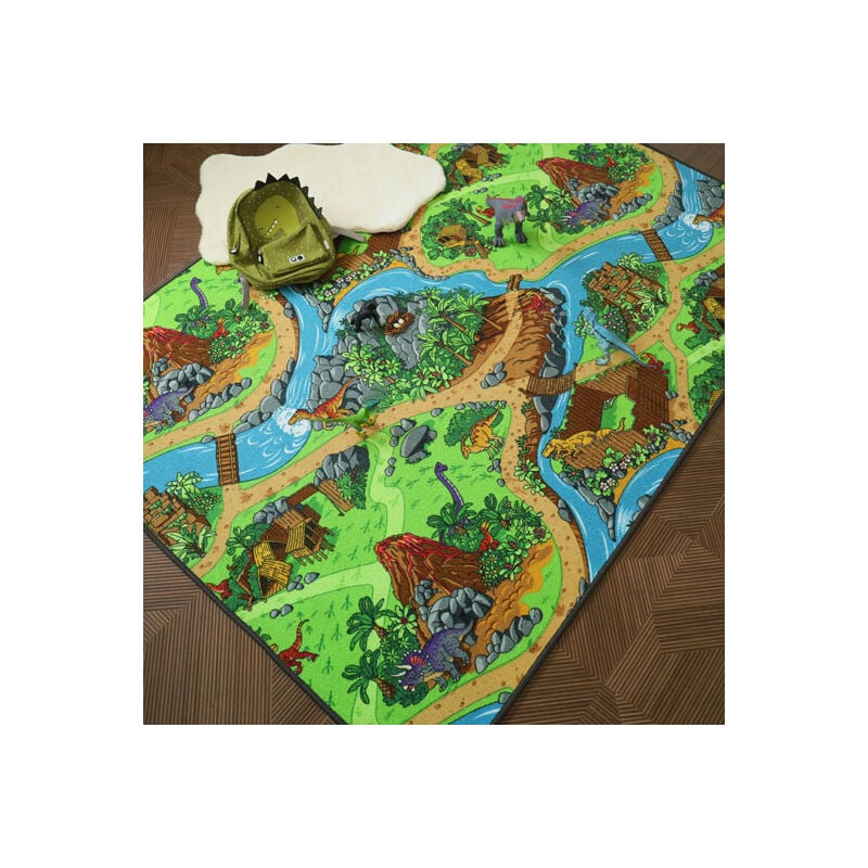 Décoweb - Tapis de jeu enfant - Circuit de voiture - Volcans et dinosaures - 120 x 170 cm