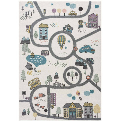Tapis de jeu pour chambre d'enfant Blanc Motif Route de l'école (140x200cm)