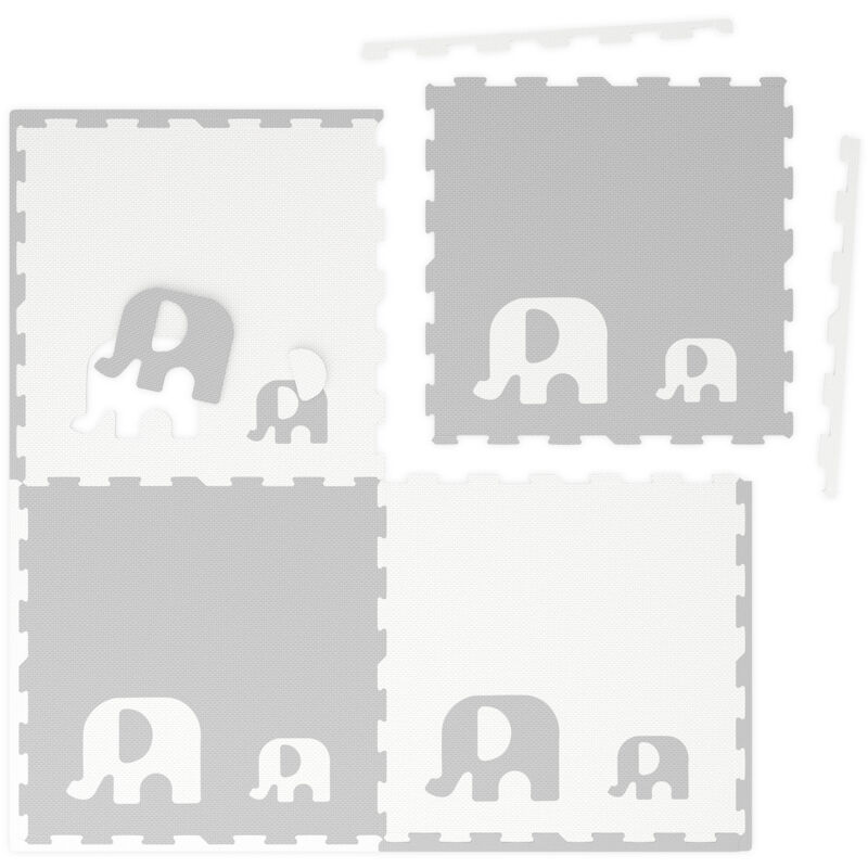 Tapis de jeu, puzzle, 12 pièces, avec bordure, motifs éléphants, en mousse, sans polluants, gris/blanc - Relaxdays