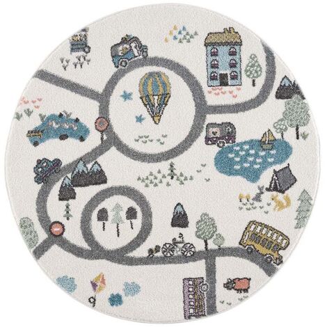 Tapis de jeu Rond pour chambre d'enfant Blanc Motif Route de l'école (120x120cm)