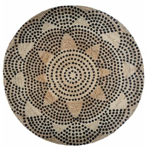Tapis rond en jute à motifs ethniques Beige/Noir d 120 cm