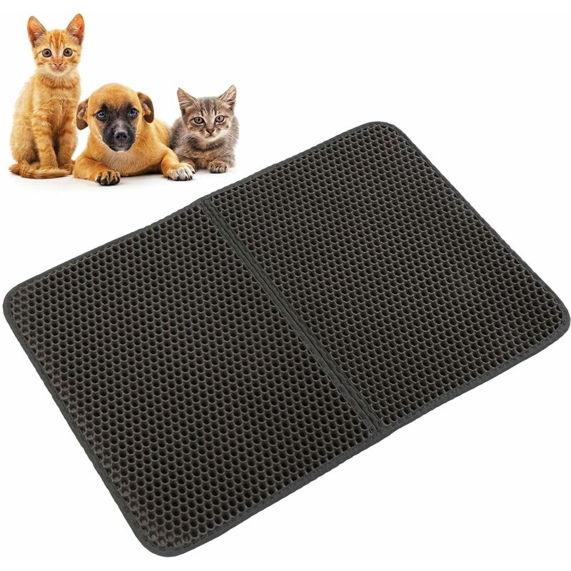 tapis de litière pour chat double couche eva,ttampon de nettoyage lavable pour bac à litière pour chat - 55x75cm noir (version modèle pliable