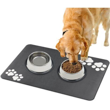Tapis de Nourriture pour Chien et Chat à Séchage Rapide Super Absorbant Lavable Antidérapant 40x60cm (Motif de Deux Paires de Pattes-Gris Foncé)