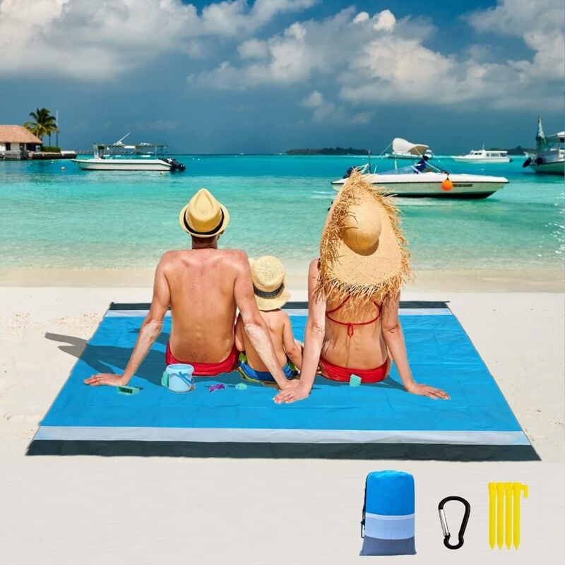 Fitags - Tapis de Plage, 200x210cm Serviette de Plage Anti Sable Matelas de Sol Impermeable avec 4 Piquets, Tapis Couverture Pique Niques Pliable