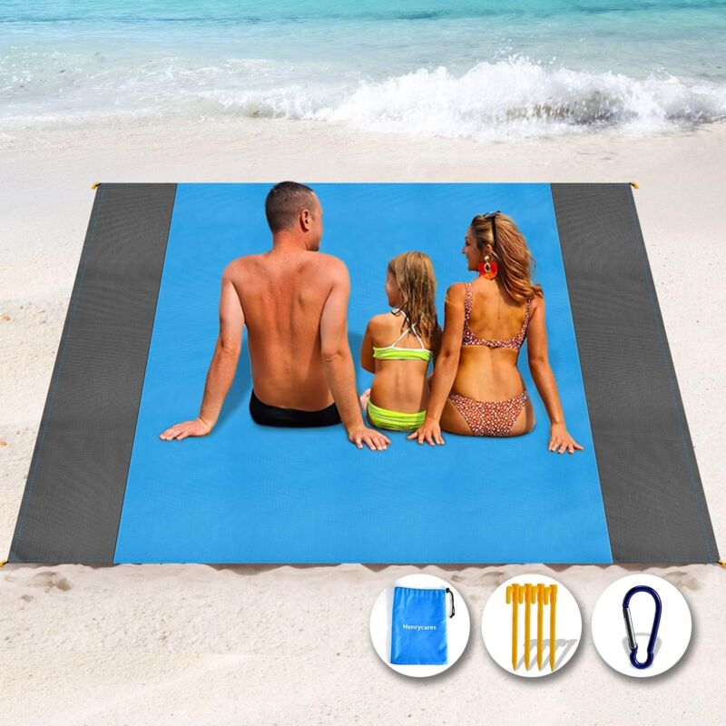 Tapis de Plage 210 x 200cm Anti Sable, Couverture de Plage Large Imperméable Compact Natte de Plage pour Plage, Camping, Picnic, Voyage (Bleu)