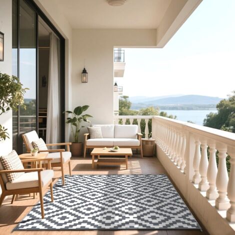 Tapis de plage imperméable antidérapant imitation paille résistant UV 120x180cm gris blanc pour terrasse jardin pique-nique