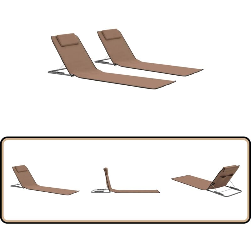 Tapis de plage pliables 2 pcs Acier et tissu marron - Chaise Longue Pliable - Transats De Jardin - Mobilier De Jardin - Chaises Longues Pliantes