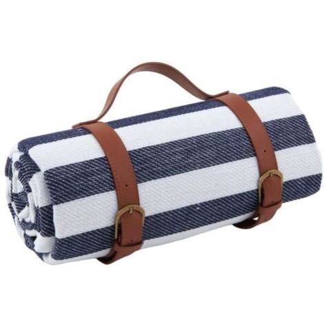 Tapis de plage – pour camping en plein air – résistant à l'humidité – avec sangles de rangement en cuir, 150 x 200 cm,rayures bleues