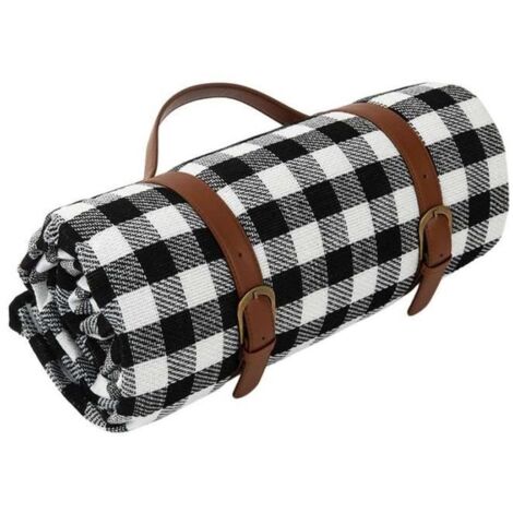 Tapis De Plage, Pour Camping En Plein Air, Résistant À L\'humidité, Avec Sangles De Rangement En Cuir,150 X 200cm,Plaid Noir Et Blanc