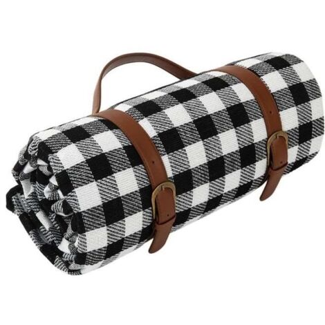 Tapis De Plage, Pour Camping En Plein Air, Résistant À L'humidité, Avec Sangles De Rangement En Cuir,150 X 200cm,Plaid Noir Et Blanc