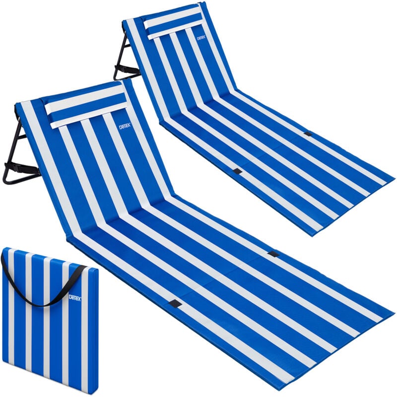 Tapis de Plage rembourré Pliable avec dossier Réglable Poche latérale Coussin Sangle de transport Matelas de plage transportable 2er Set Blau Weiß