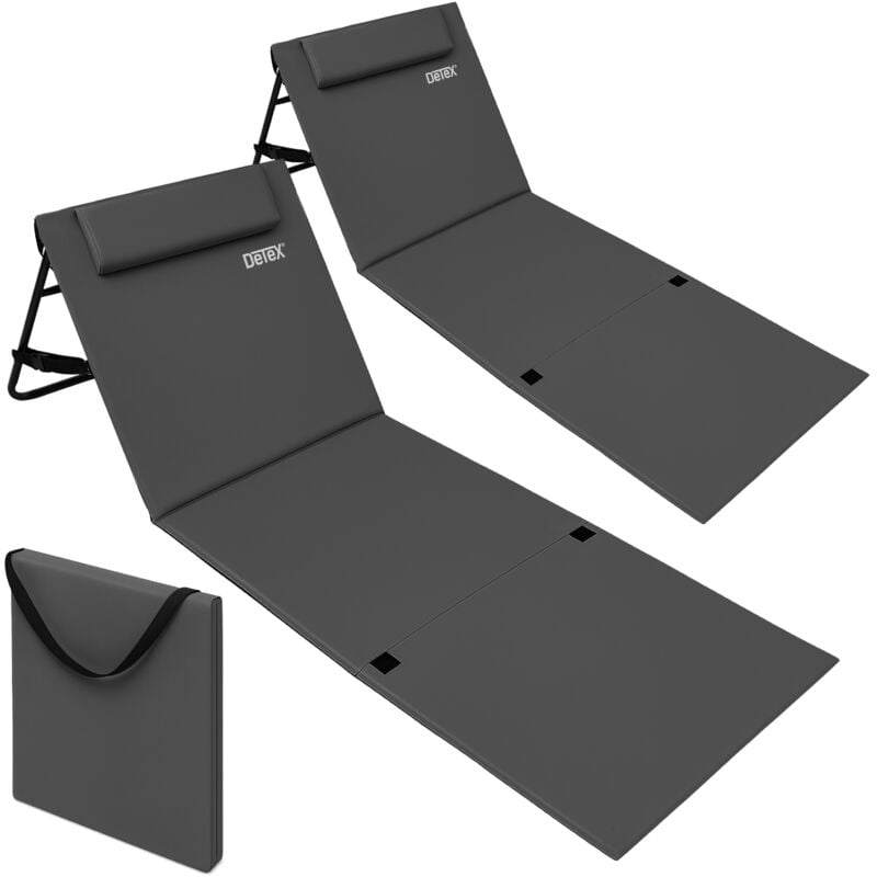 Tapis de Plage rembourré Pliable avec dossier Réglable Poche latérale Coussin Sangle de transport Matelas de plage transportable Set de 2 anthracite