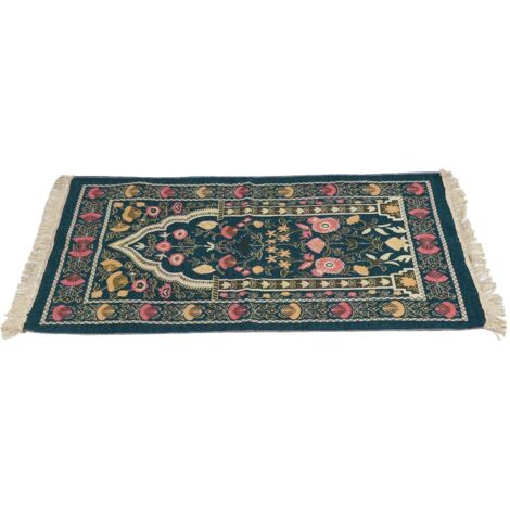 Tapis de Prière Musulman Portable Design Brodé Fleuri Délicat Bleu