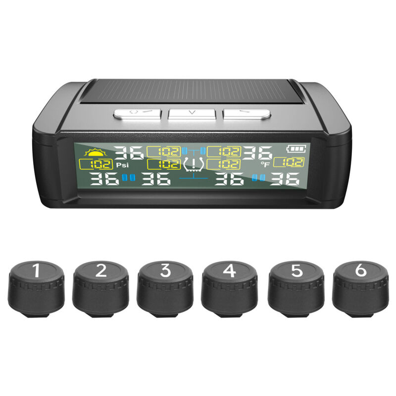 LIFCAUSAL Système de monitoring de pression pneumatique sans fil solaire - 6 capteurs externes avec affichage temps réel température/pression pour