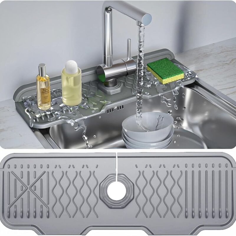 Tapis de robinet en silicone 17' x 5,9', conception en pente de 5 degrés, drainage rapide, tapis pliable, essentiels de cuisine et de salle de bain