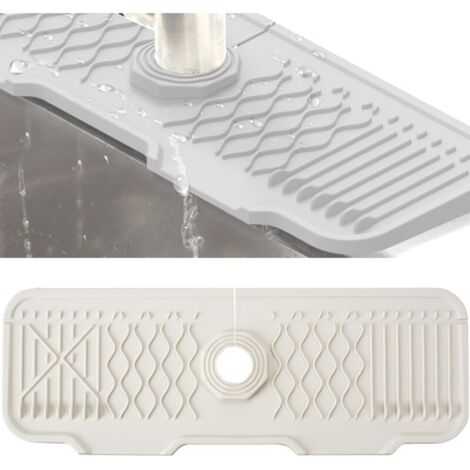 Tapis de Robinet Silicone, Protection Anti-Éclaboussures pour Robinet d'Évier, Plateau Anti-Gouttes pour Poignée Robinet, Tapis d'Évier pour Comptoir de Cuisine et de Salle de Bain (Blanc, 43 cm)