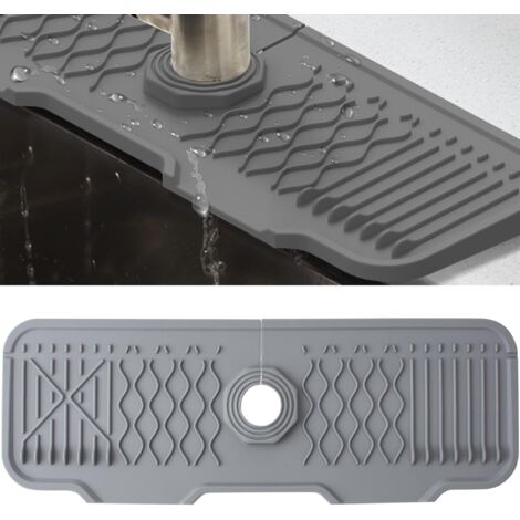Tapis de Robinet Silicone, Protection Anti-Éclaboussures pour Robinet d'Évier, Plateau Anti-Gouttes pour Poignée Robinet, Tapis d'Évier pour Comptoir de Cuisine et de Salle de Bain (Gris, 43 cm)