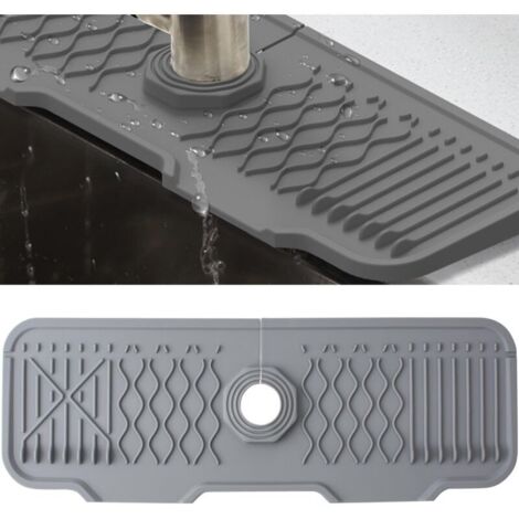 Tapis de Robinet Silicone, Protection Anti-Éclaboussures pour Robinet d'Évier, Plateau Anti-Gouttes pour Poignée Robinet, Tapis d'Évier pour Comptoir de Cuisine et de Salle de Bain (Gris, 43 cm)