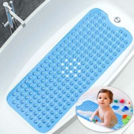 Tapis de salle de bain antidérapant, 100x40 cm, extra long et résistant (bleu), sûr et antidérapant, conception antibactérienne, avec ventouses fortes