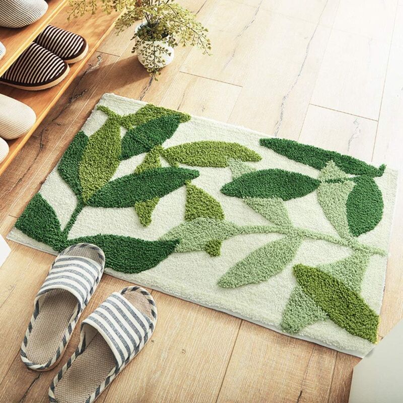 Tapis de salle de bain antidérapant super doux (feuille verte), 50x80 cm, microfibre, peluche absorbante, lavable en machine, adapté à la salle de
