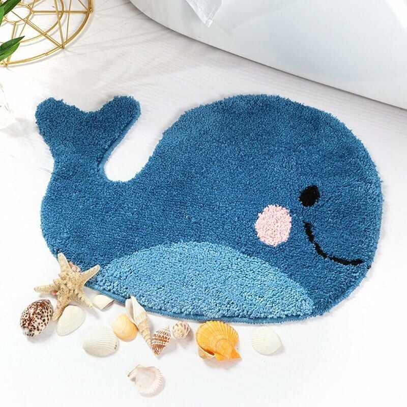 Tapis de salle de bain bleu - Tapis antidérapant en forme de baleine, tapis de sol absorbant en microfibre lavable