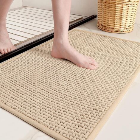 Tapis de salle de bain en chenille amélioré – Couleur G - Tapis de salle de bain fin - Absorbant, plat, antidérapant, doux, lavable en machine, séchage rapide, 40,6 x 61 cm - Petit tapis de bain beige