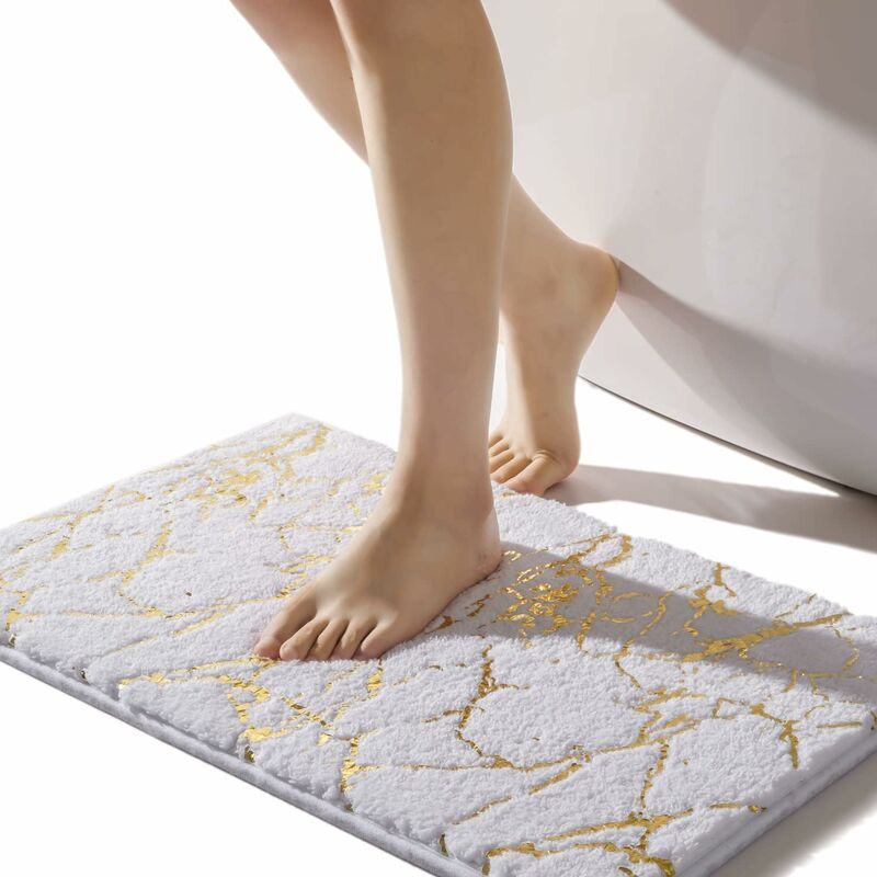 Tapis de salle de bain en marbre blanc et doré, décoratif, antidérapant, super absorbant, en peluche, lavable en machine, pour baignoire, douche,