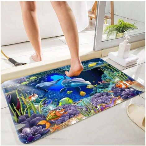 Tapis de salle de bain et paillasson en mousse à mémoire de forme à imprimé dauphins Underwater World, antidérapant, absorbant, super tapis de bain, confortable, en flanelle, tapis de chevet, 61 x 40