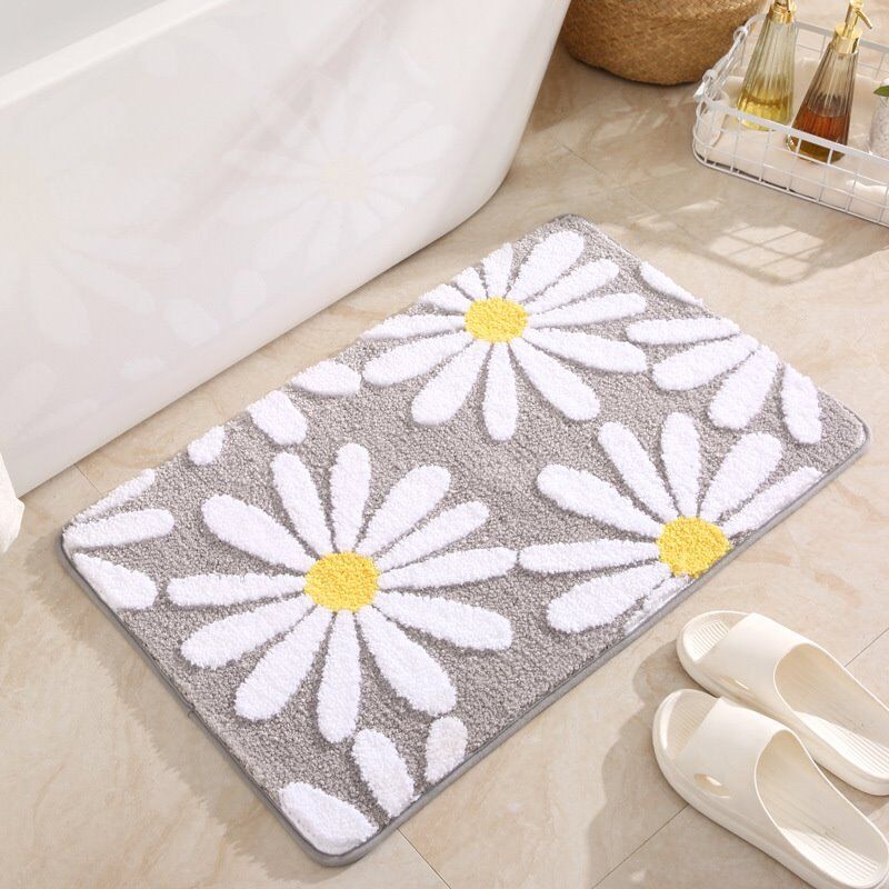 Tapis de salle de bain gris Tapis de bain mignon à marguerites Tapis de décoration à fleurs blanches et jaunes Tapis de sol antidérapant Tapis de