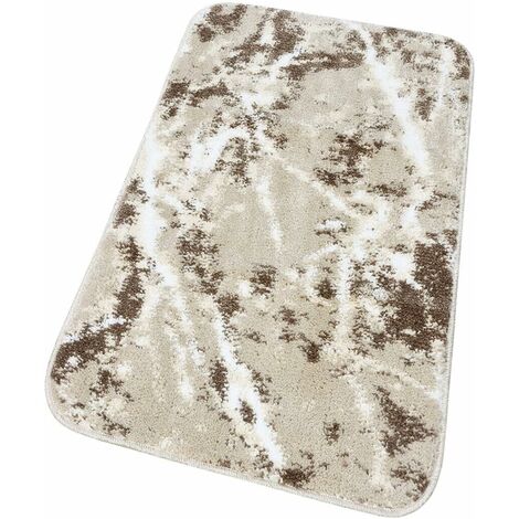 Tapis de Salle de Bain Moderne Effet Marbre Tapis de Chevet Shaggy Doux et Antidérapant Beige -
