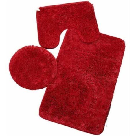 Tapis de Salle de Bains  Couleur Pure 3Pcs Bath Mat Antidérapant et Absorbant Doux Tapis & Couvercle Toilette Couvercle Set Lavable, Rouge..DEBUNS