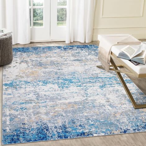Tapis de salon, 140 x 200 cm, bleu/gris, vintage, design abstrait, à poils courts, lavable, antidérapant, pour chambre à coucher