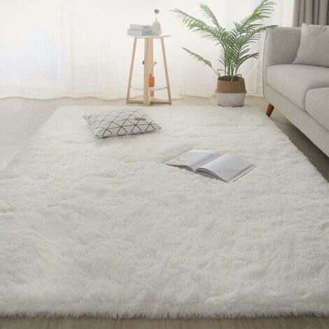 Tapis de salon à poils longs - Tapis moderne et moelleux - Grand tapis lavable avec dessous antidérapant pour chambre, salon, couloir, dimensions : 50 x 160 cm, couleur : blanc