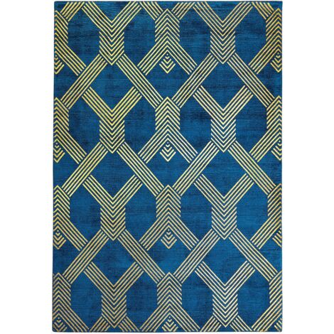 Tapis de Salon Fait à la Main au Motif Géométrique en Viscose Bleue et Dorée Ultra Doux pour Salon ou Chambre Glamour et Moderne 160 x 230 cm Beliani