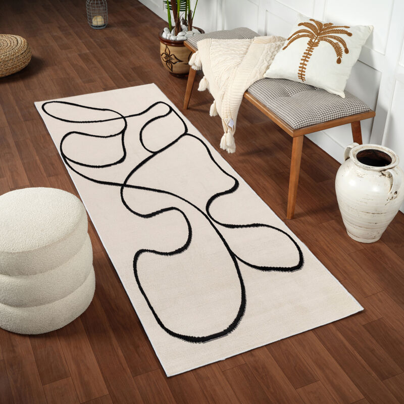 Surya - Tapis de Couloir Scandinave Bohème Blanc/Noir 80x220 cm