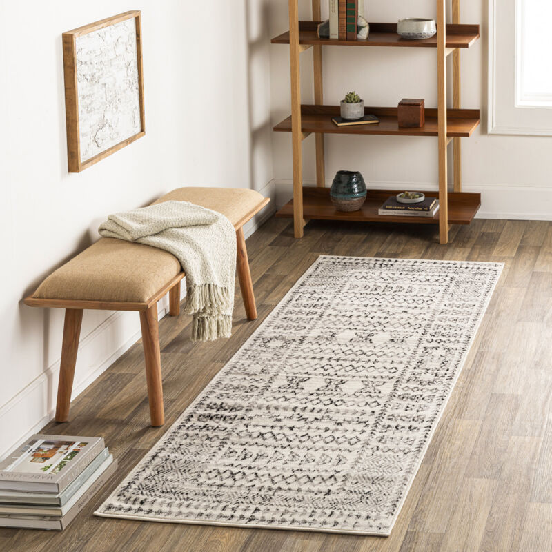 Surya - Tapis de Couloir Scandinave Bohème Blanc/Noir 80x220 cm
