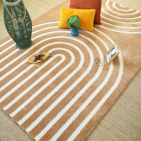 Tapis de salon - Néo Circle - Courbe crème et noisette - 200 x 290 cm