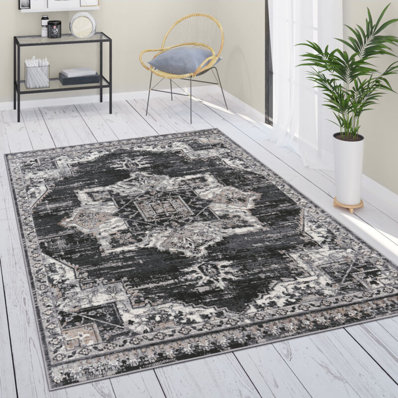 Tapis De Salon Poils Ras Marocain Mandala Geometrique Noir Gris 160x220 cm - Paco Home