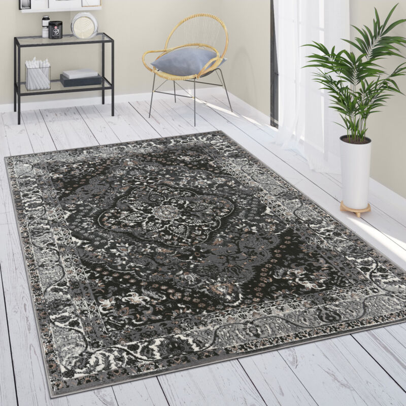 Paco Home - Tapis De Salon Poils Ras Oriental Fleuri Avec Bordure Moderne Noir 60x100 cm