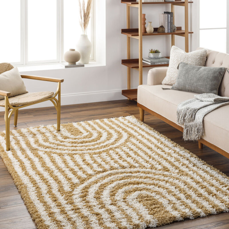 Surya - Tapis Shaggy Scandinave Blanc/Ocre 160x220 cm