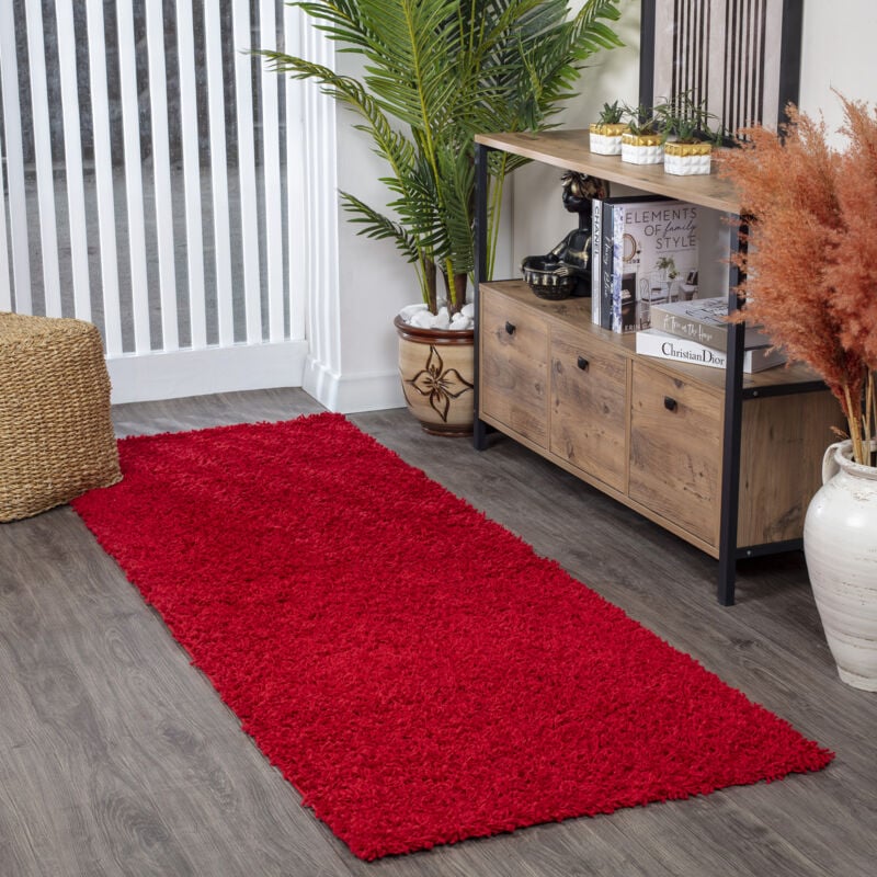 Surya - Tapis de Couloir Shaggy Uni Rouge 80x220 cm