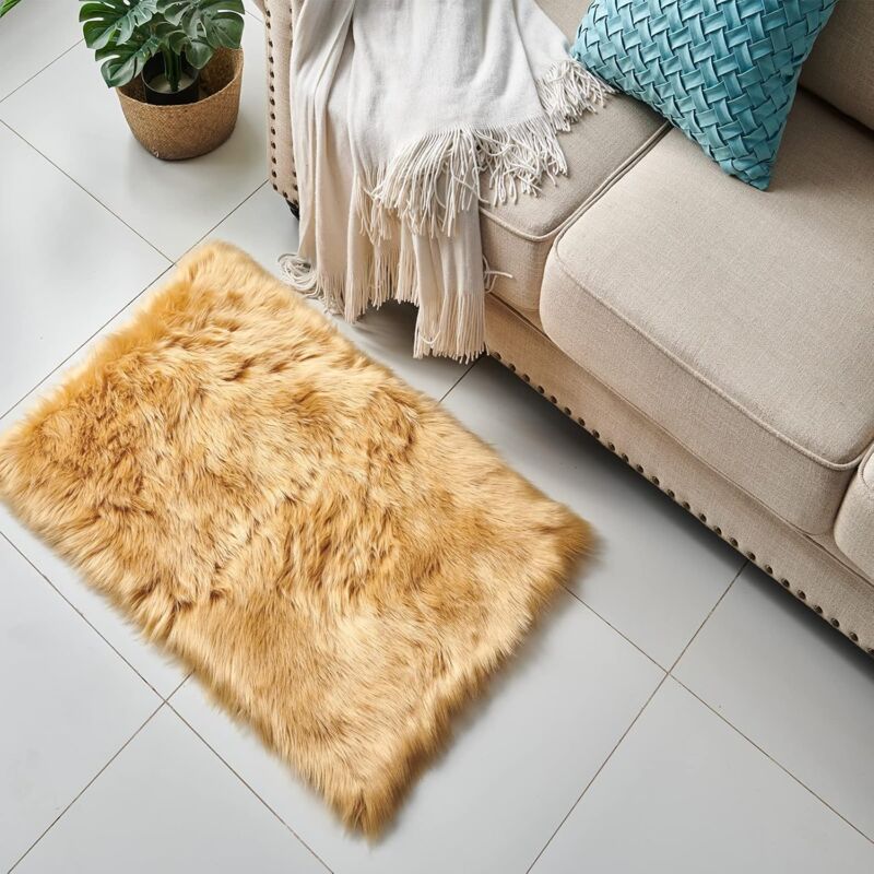 Tapis de Salon Tapis Shaggy en Peau de Mouton Moquette Fluffy Soft Décoratif Marron - 50x50CM
