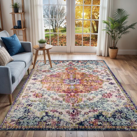 Tapis vintage multicolore, Aqua, Blanc et Orange