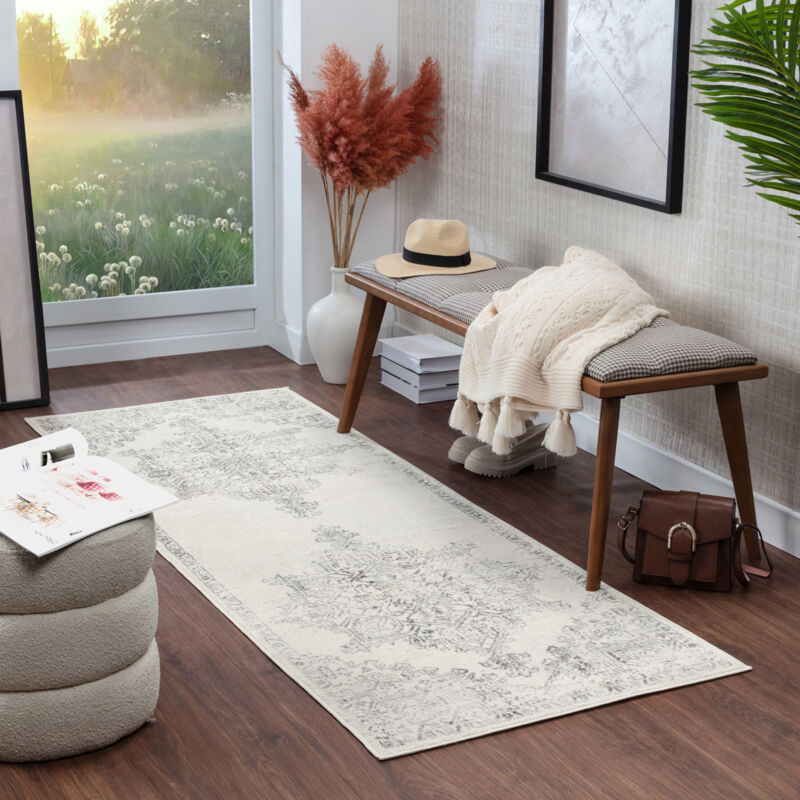 Surya - Tapis de Couloir Vintage Oriental Blanc/Gris 80x220 cm
